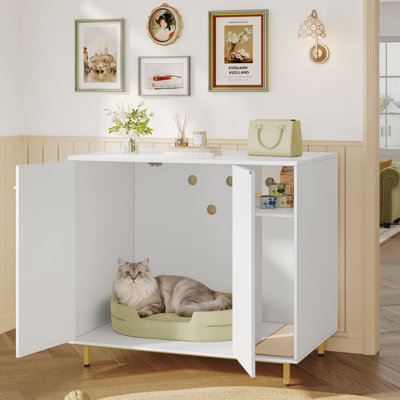 Cat Litter Box Enclosure, Hidden Litter Box Furniture Cabinet, Wooden Pet House Side End Table with Storage for Washroom, Bedroom, 31.5 x 19.7 x 23.9 inches, White and Gold