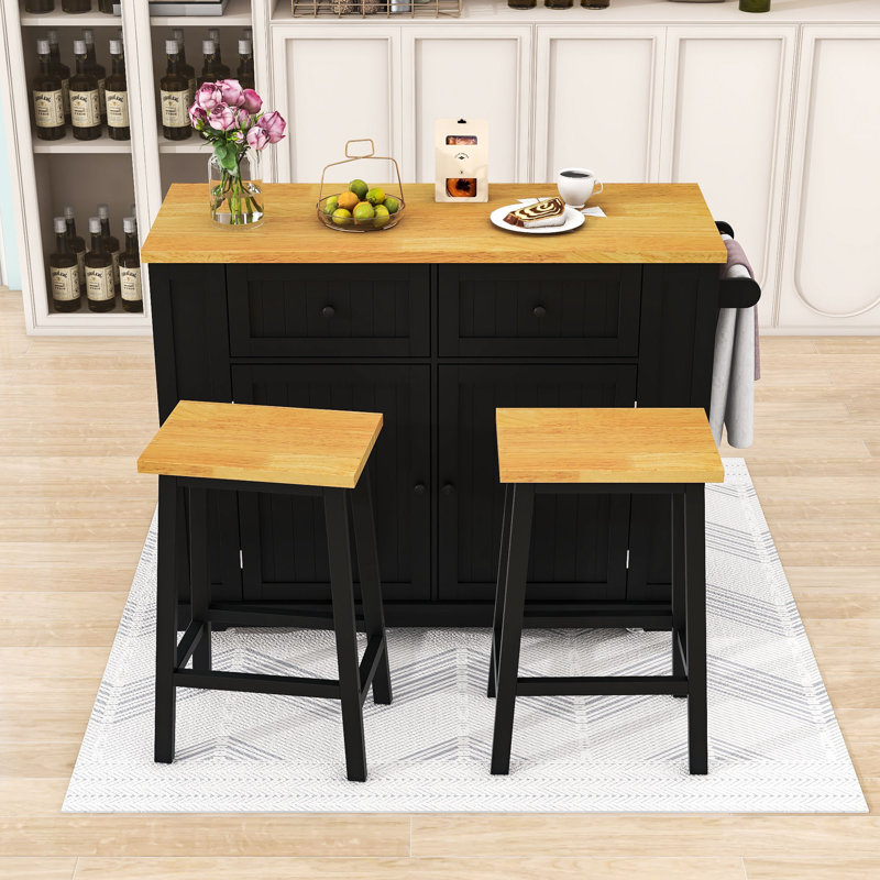Kitchen Island with 2 Bar Stools, Power Outlet, Storage Rack and 2 Drawers, Black