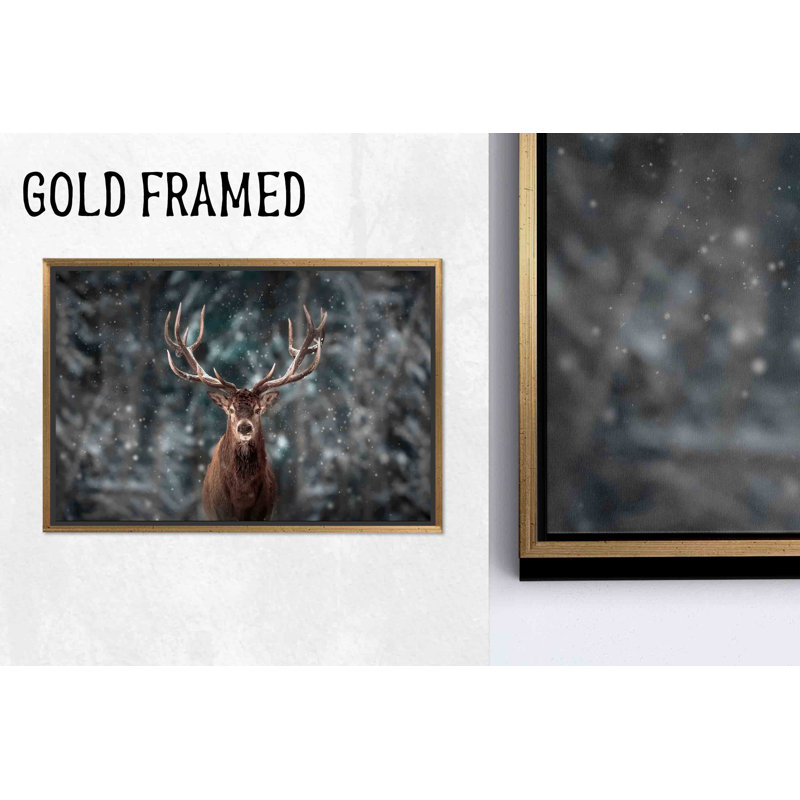 Deer Canvas Art: Winter Forest Landscape Printed Canvas Artwork,1P GoldFramedCanvas, H: 63.1 x W:102.4 inches