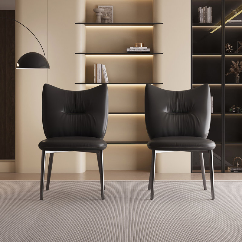 Dining Chairs Set Of 2 Leather Upholstery Metal Frame, Black
