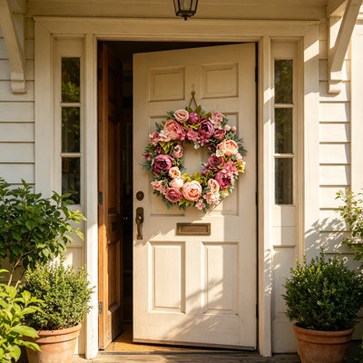Couronne de pivoine artificielle toutes saisons 17,7 po, guirlande florale en soie rétro avec feuilles vertes, pour porche extérieur, décoration de mariage de fenêtre murale intérieure