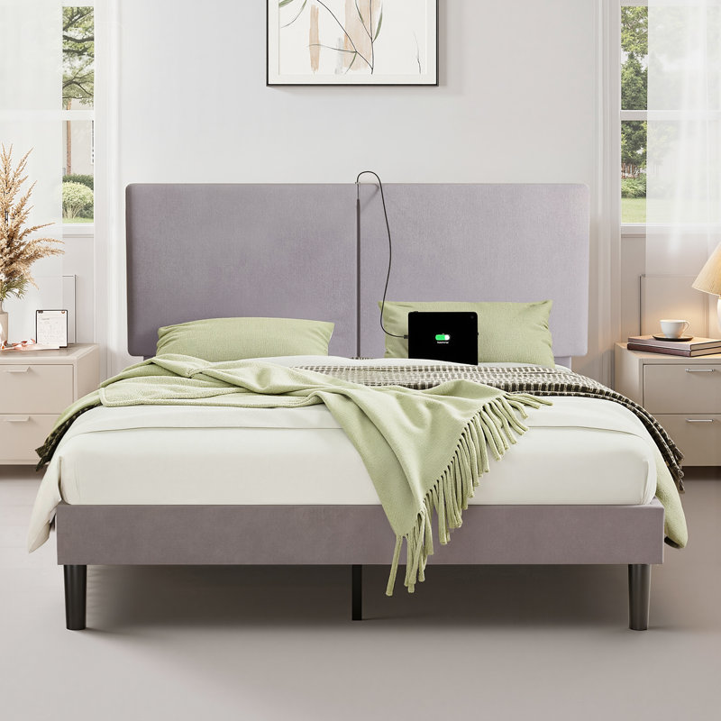 Upholstered Bed with Charging Station Queen Size Wood Slat Platform Bed Frame Modern USB Port Adjustable Headboard, No Box Spring Needed, Gray