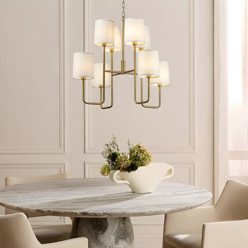 Lustre 8 lumières de style campagne moderne - laiton bicolore avec abat-jour en lin sur mesure, Bronze