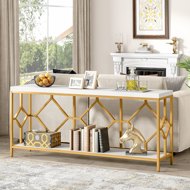 Très longue table d'appoint 70,86 po, console 2 niveaux, Blanc / Doré