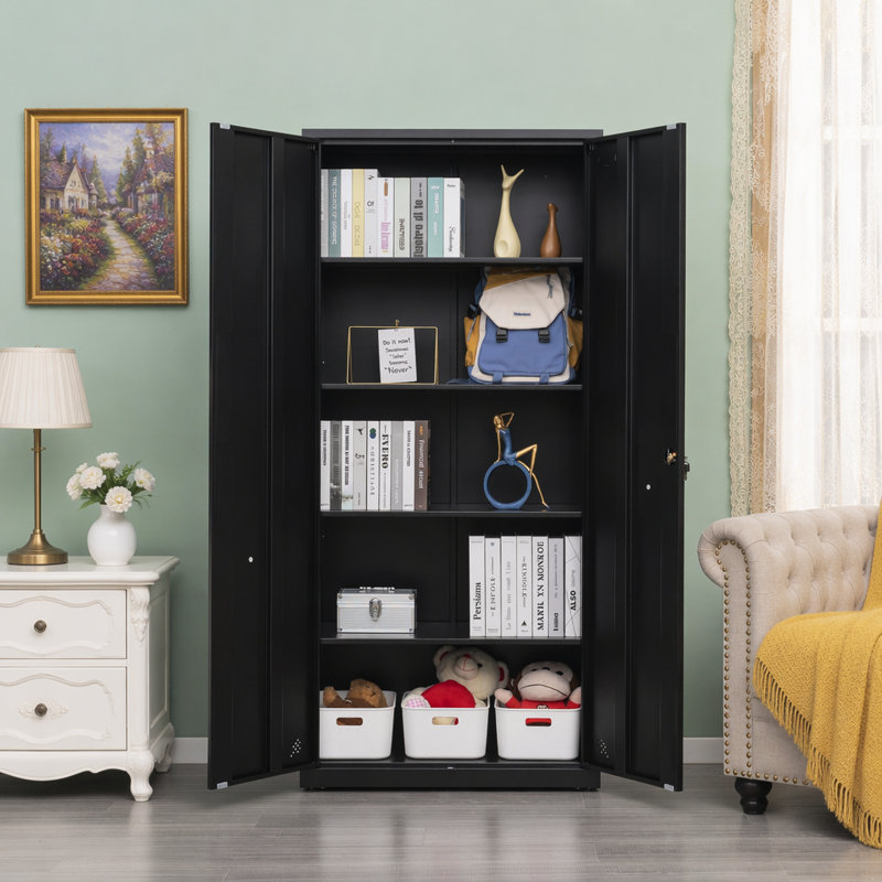 Armoire de rangement haute avec 2 portes et 4 cloisons pour séparer 5 espaces de rangement, Black