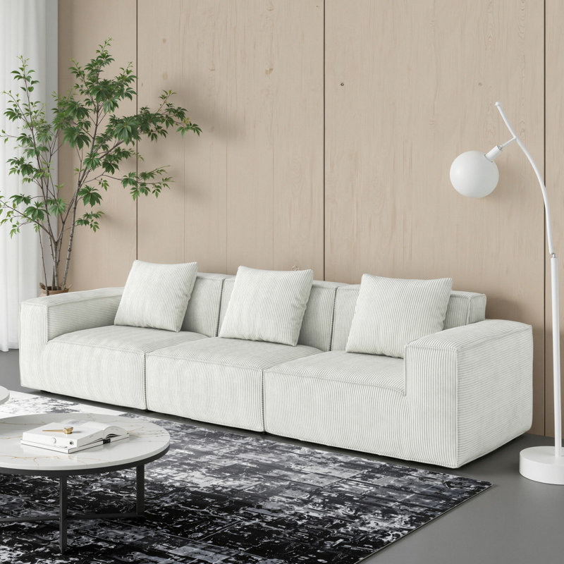 Convertible modulaire blanc pour trois personnes de 118 pouces, velours côtelé velours doux, mousse haute, soutien du corps, sans assemblage, utilisation multifonctionnelle dans un lit d'appoint convertible, combinaison, velours velours côtelé, rebond,