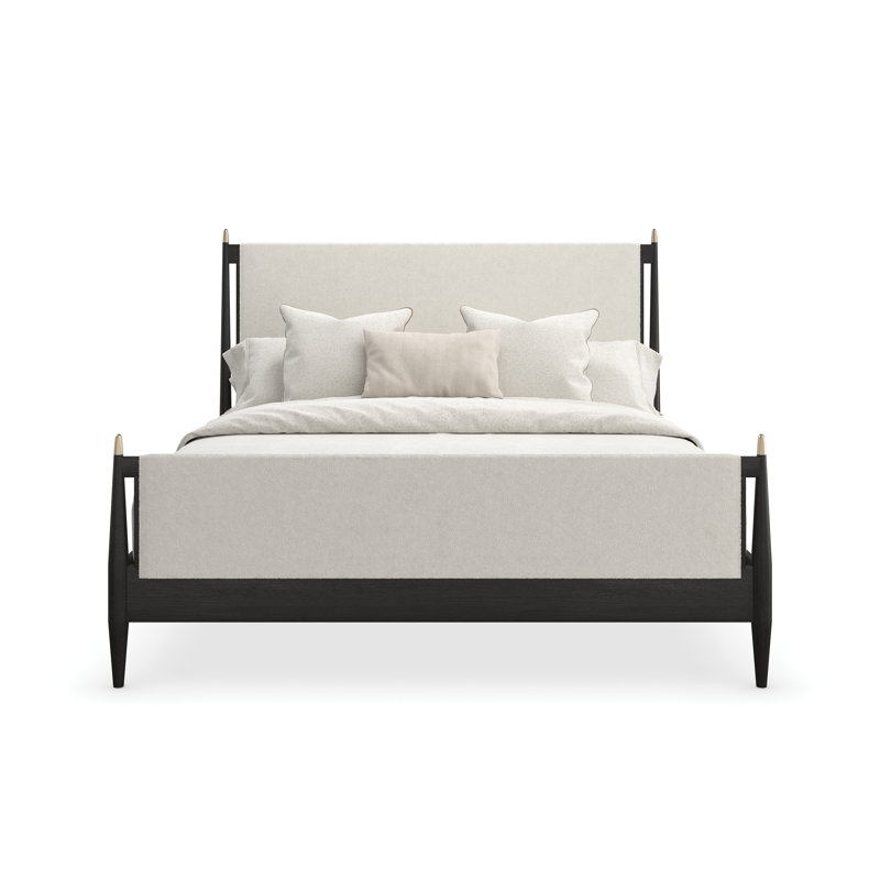 King Black and Cream Upholstered Poster Bed with Wood Frame