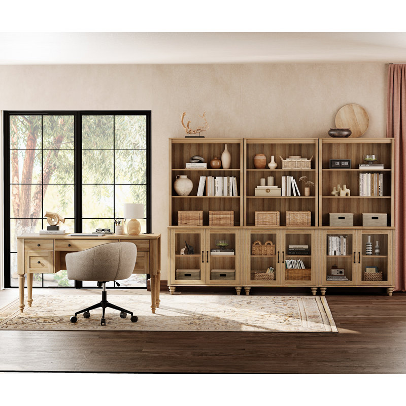 Ensemble de bureau 2 pièces, bureau double 56 po et ensemble de 3 bibliothèques avec portes en verre, chêne