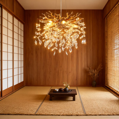 Lustre en cristal EGM moderne avec conception de branche d'arbre, lustre en forme de goutte de pluie argentée à 6 lumières pour la salle à manger, le salon, la chambre à coucher, la base de l'ampoule E12