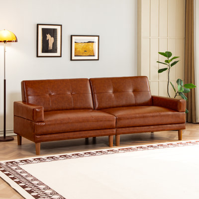 86.6''W Leather Couch with Deep Cushions, Mid-century Modern 3-seater Tufted Sectional Sofa with Square Armrest for Living Room and Bedroom, Brown