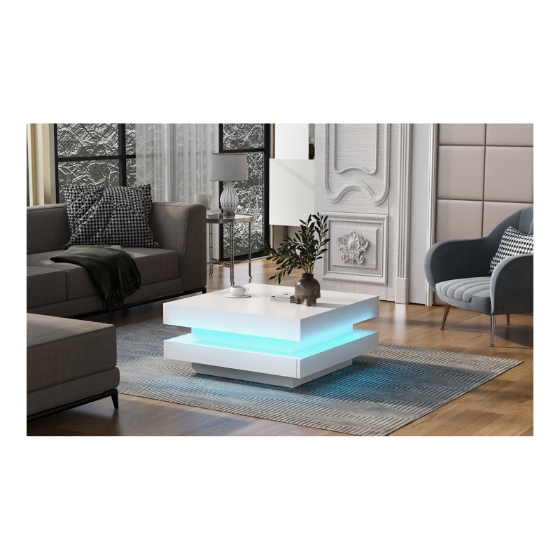 Design minimaliste ultrabrillant avec lumières DEL, table basse carrée à 2 niveaux, table centrale pour le salon, Blanc