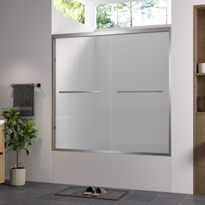 High Double Sliding Bathroom Enclosure With Hardware And 1/4" (6mm) Tempered Glass, American Style, Waterproof Stable Structure Bathtub Screen Finished, Adjustable Width, Stainless Steel Handle