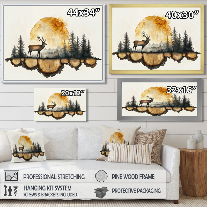 «Deer In Wooden Forest Landscape I - Deer», art mural, H 28 po x l 60 po, Cadre flottant, Noir