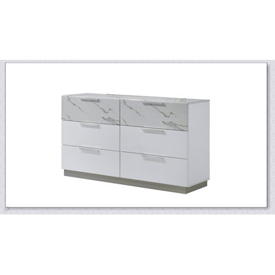 Commode blanche brume - Finition bicolore très brillante en marbre et en laque avec six tiroirs spacieux, intérieurs doublés de velours