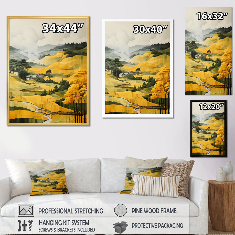 «Belsford Yellow and Green Pastoral Bold Landscape V», reproduction sur toile, H 44 po x l 34 po x P 1,5 po, Encadrement doré
