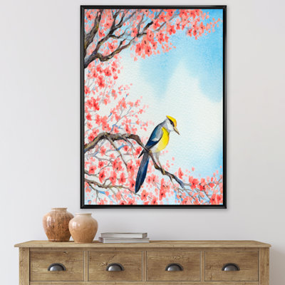 Bel oiseau rouge sur une branche en fleurs I - peinture sur toile