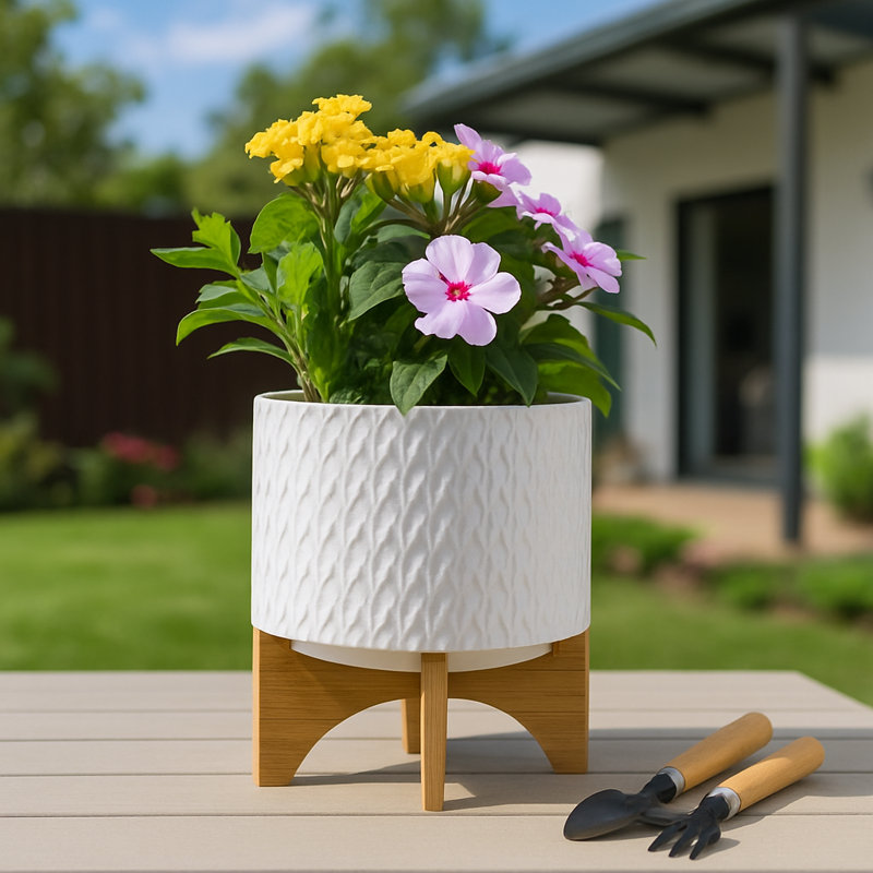 Alyanah Stoneware Ceramic Planter with Stand - Contemporary Decorative Plant Pot with Textured Design and Elevated Base