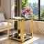 Table de bout moderne carrée avec plateau en verre trempé, tablette inférieure et structure asymétrique en métal-486463242