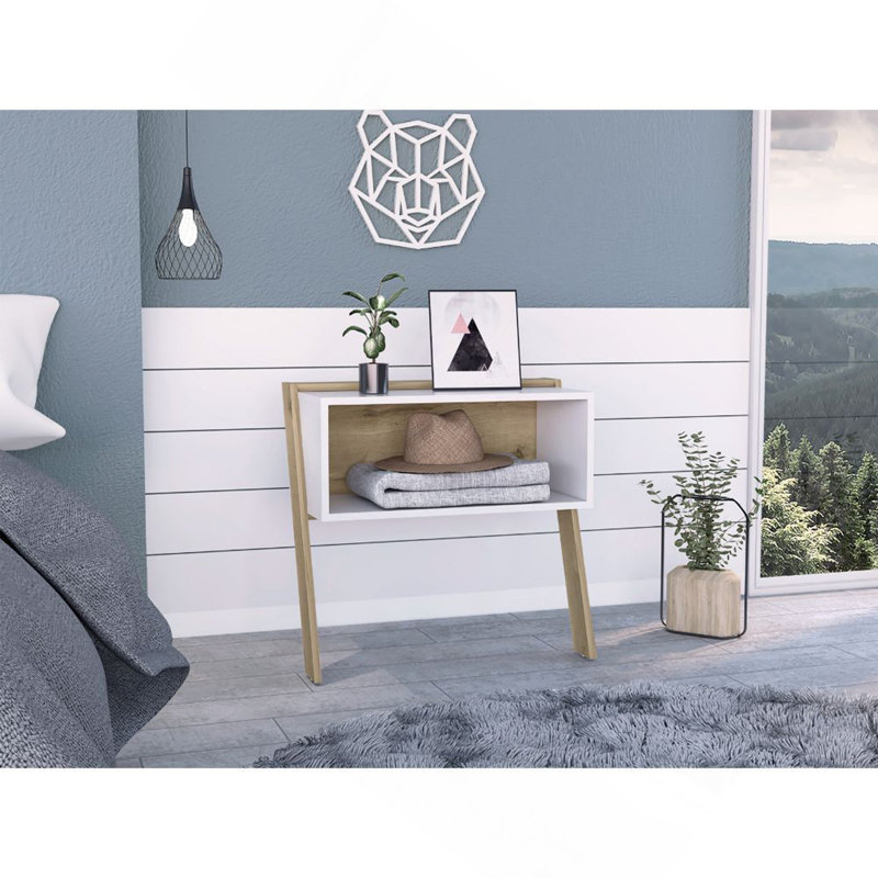 Nightstand 24"H, Two Legs, One Shelf, Superior Top, Light Oak / White