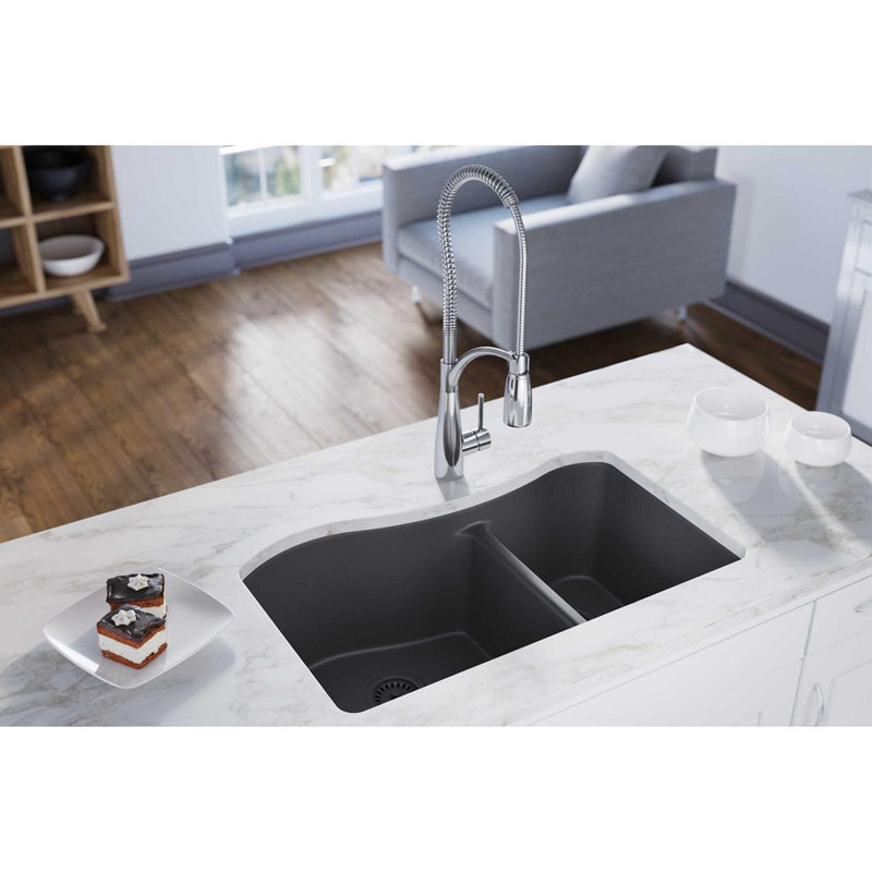 Quartz Luxe 33" L x 20" W Double Basin Undermount Kitchen Sink, Charcoal