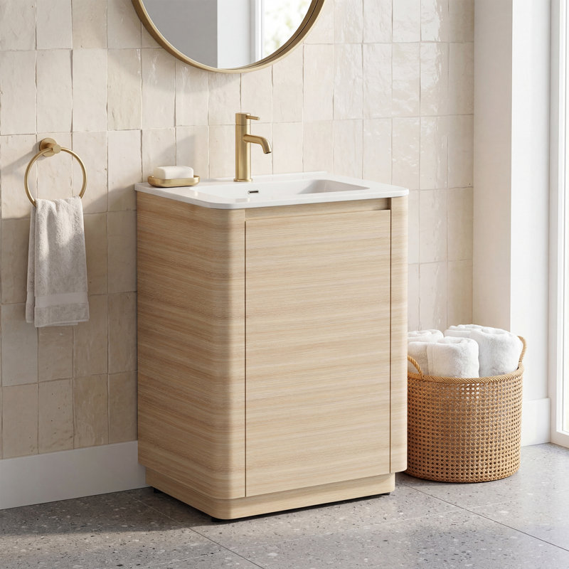 24" Freestanding Bathroom Vanity with Ceramic Sink, Rounded Corners & Handle-Free Design, 24"