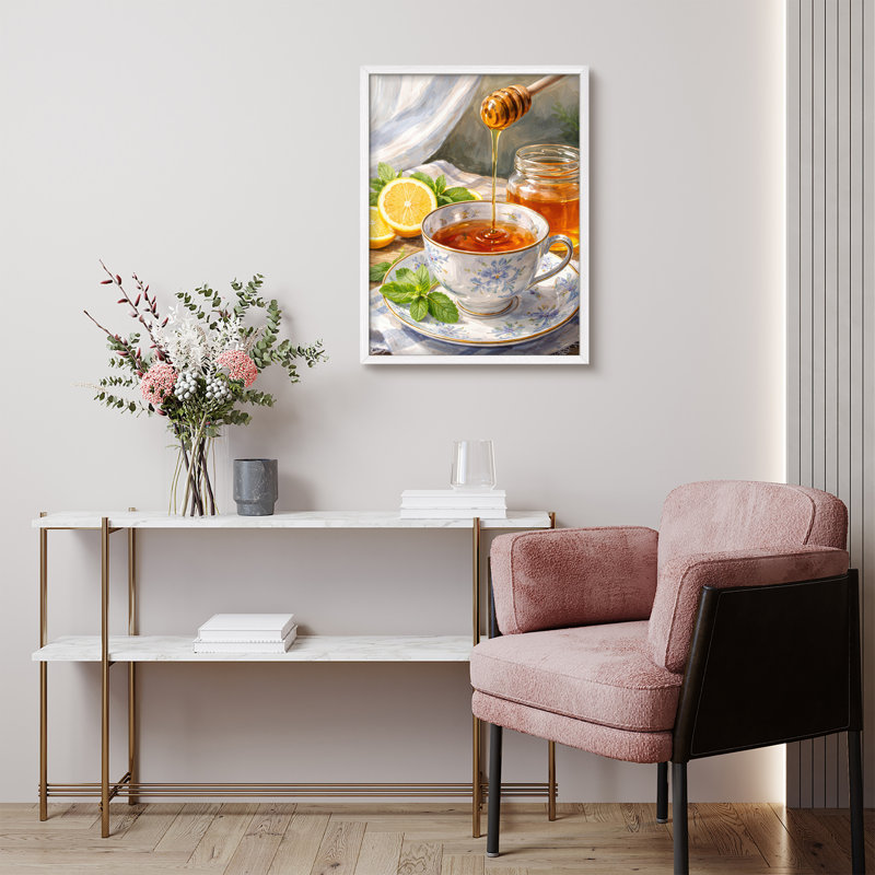 Honey Lemon Tea Still Life Framed Wall Art Prints - Cozy Kitchen Decor, H 14 po x l 11 po, Blanc