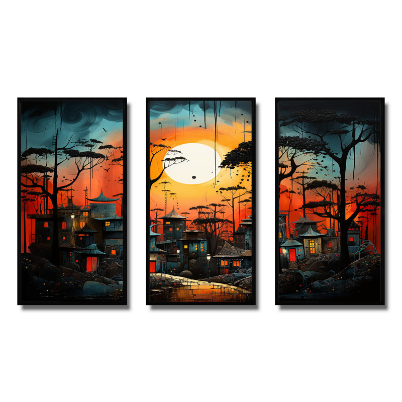 Orange pygmée africain, «Village», art mural tribal africain, Cadre flottant noir, H 32 po x l 48 po x P 1 po