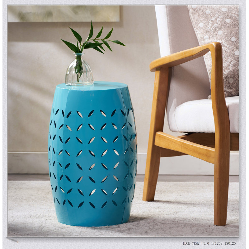 LILAC 12-Inch Accent Side Table, Cylindrical Design For Living Room And Entryway, Industrial Style With Laser-Cut Motifs, Indoor And Outdoor Use