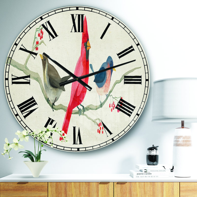 Oiseau de ferme rouge sur une branche - horloge murale, Moyen
