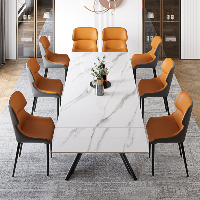 9-Pieces Glam Extended Dining Table Set With 78.7''-110'' Expandable Faux Marble Top And 8 Faux Leather Dining Chairs