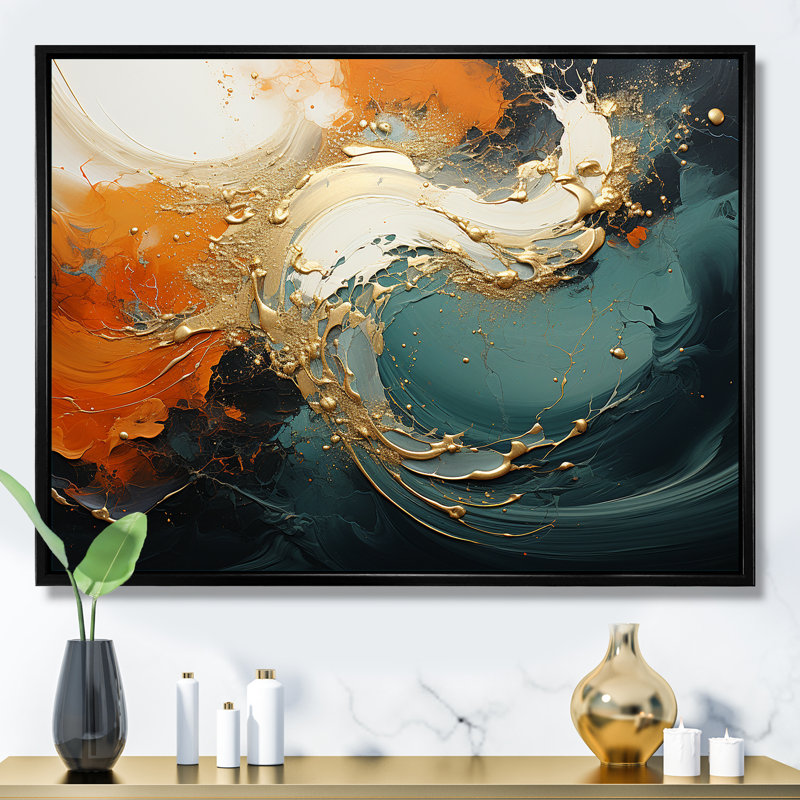 Tempête de marbre bleu et doré VI - art mural abstrait, Cadre flottant noir, H 34 po x l 44 po x P 1,5 po