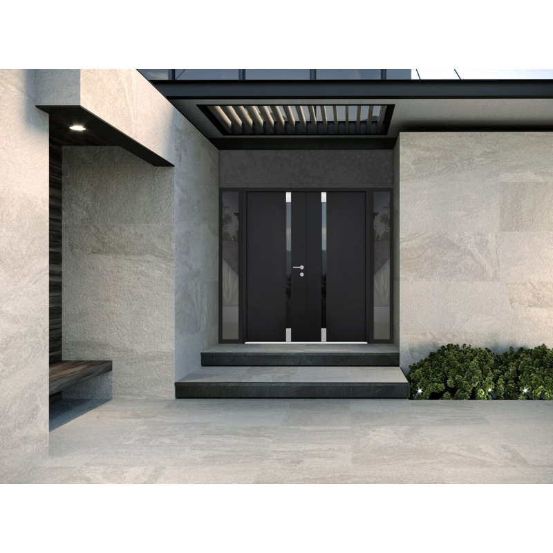 Porte d'entrée extérieure double prémontée en aluminium Cynex 6777, verre clair miroir noir, style moderne, peinte (L 72 x H 80), ouverture à droite vers l'extérieur