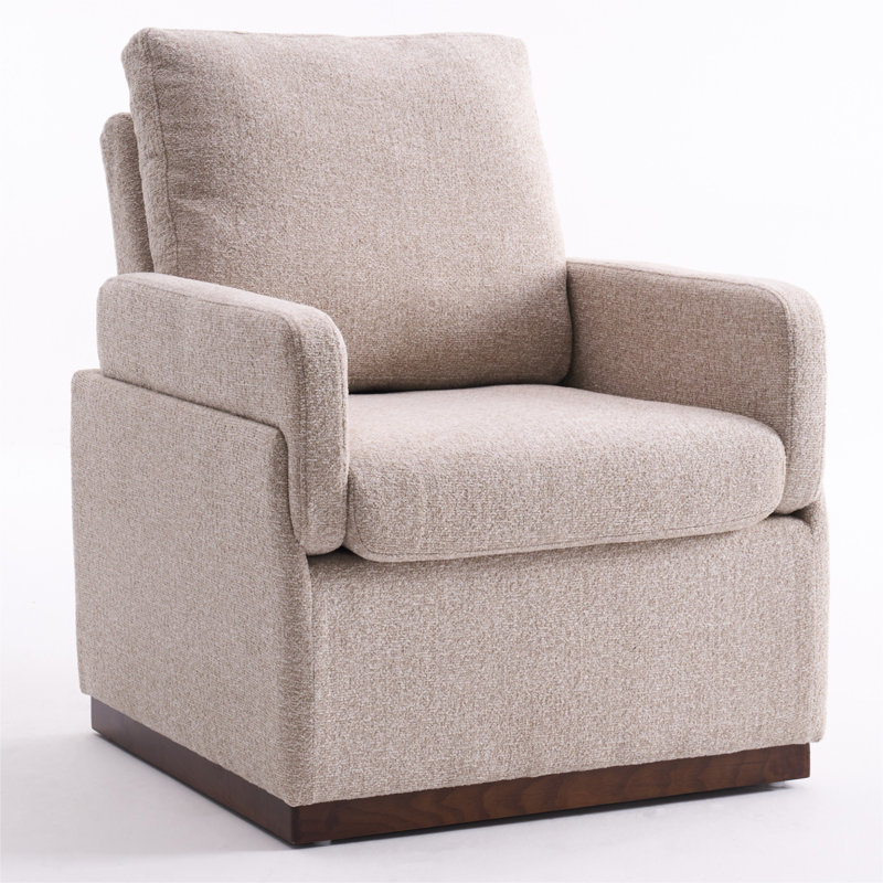 Boucle  Upholstered Accent Chair Full Back Armchair With Solid Wood Base, Beige Coffee