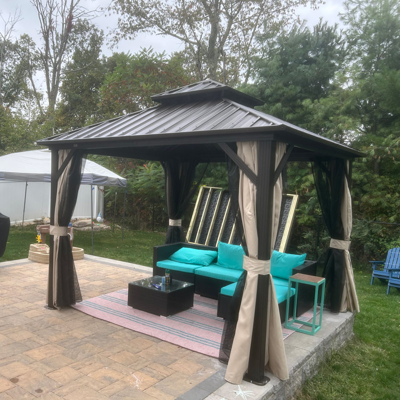 Aluminum  Outdoor Hardtop Gazebo Double Roof For Patio Desk Backyard Brown, 10' x 10'