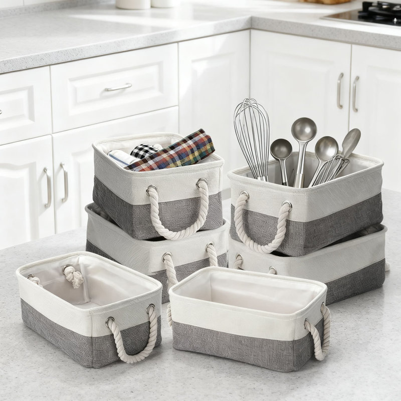 6-Pack Foldable Storage Baskets With Handles, Collapsible Fabric Canvas Organizer Bins For Home, Office, Closet, Nursery, And Shelves, 12X8x5 Inches