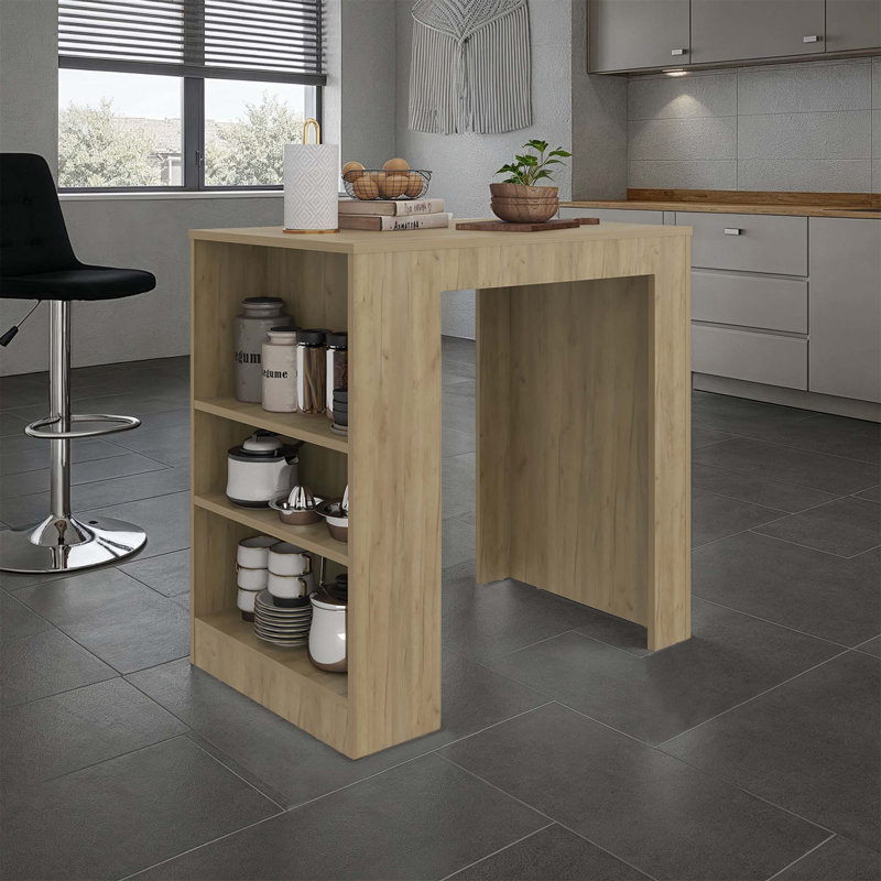 Portree Kitchen Island And Counter Dining Table With Spacious Top, 3 Accessible Side Shelves For Storage And Meal Prep