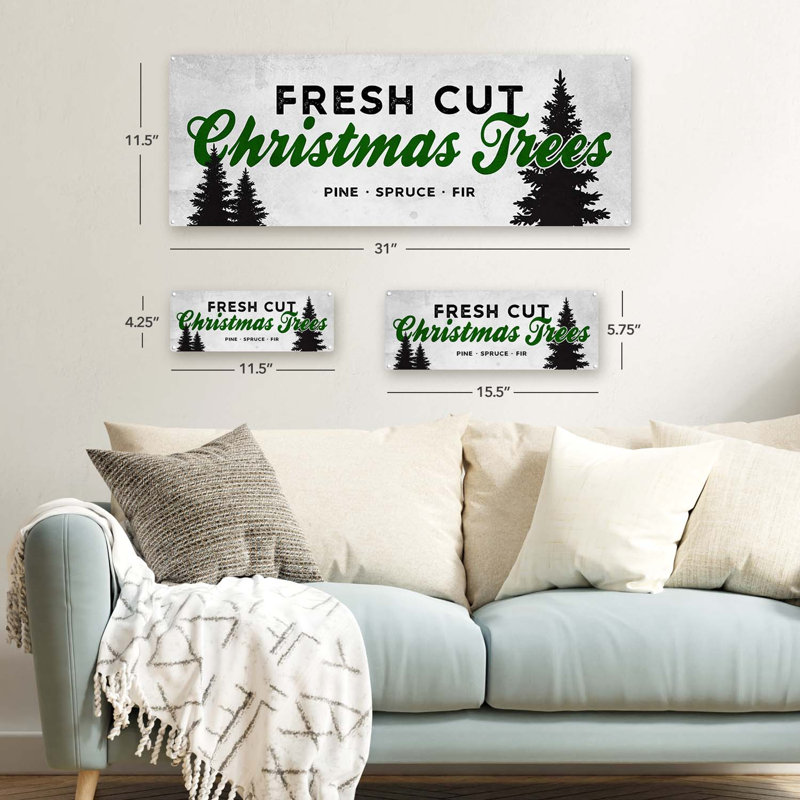 Plaque noire en métal avec arbres de Noël fraîchement coupés, H 4,25 po x l 11,5 po x P 0,04 po, Blanc/vert
