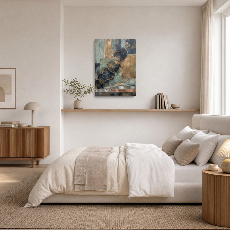 Tableau sur toile représentant des cercles abstraits et des règles en cuivre, H 48 po x l 36 po