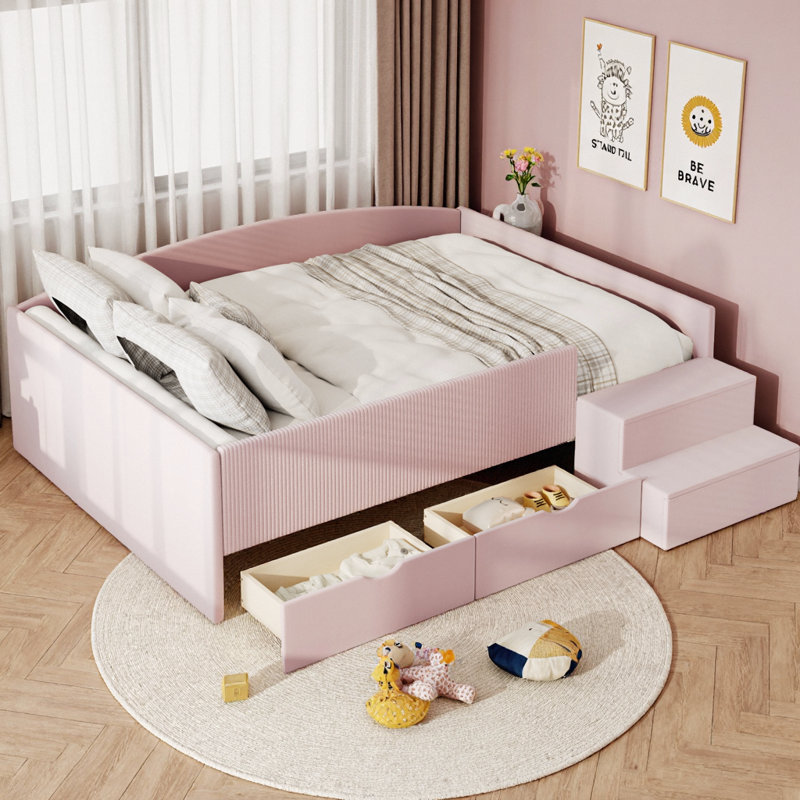 Lit de jour Sereno capitonné avec 2 tiroirs, lit plateforme bas en velours et velours côtelé, Full, Pink