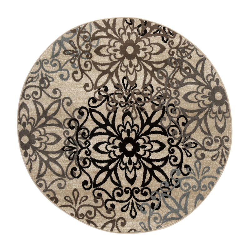 Magnuss Round Tan Gray And Black Round Floral Medallion Stain Resistant Area Rug, Round 8'