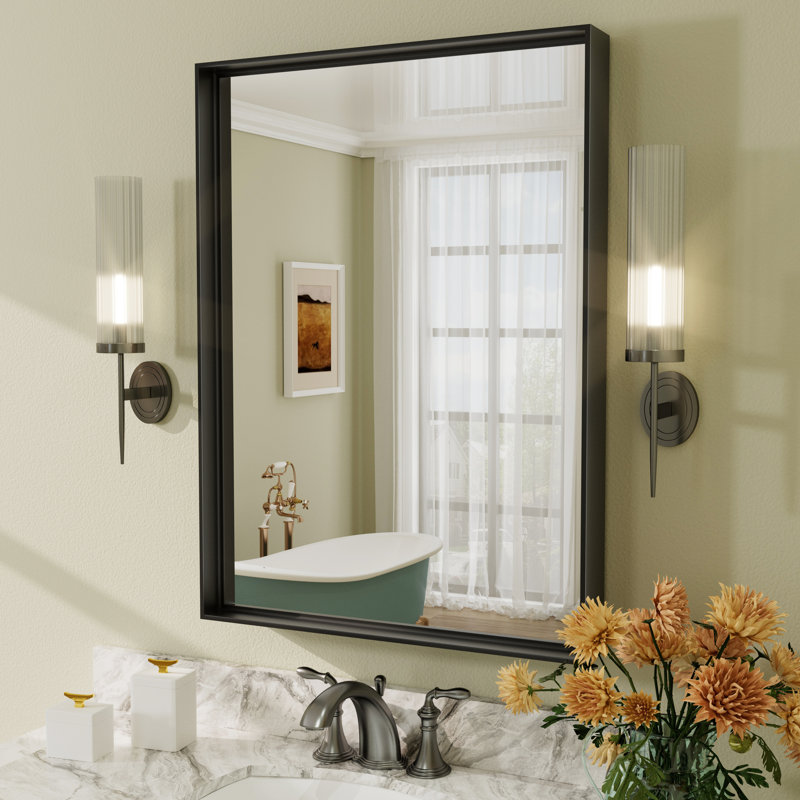 Aevar Tempered Glass and Aluminum Alloy Framed French Cleat Mounted Wall Mirror with 5-Year Warranty, 30" x 22", Matte Black