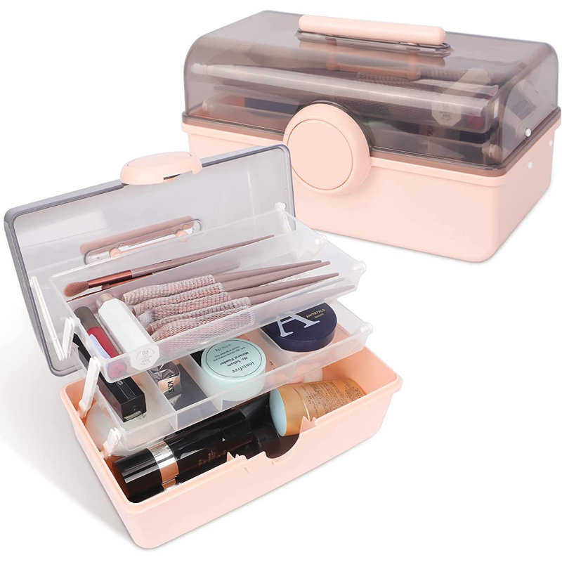 Plastic 3 Compartment Makeup Organizer, Pink