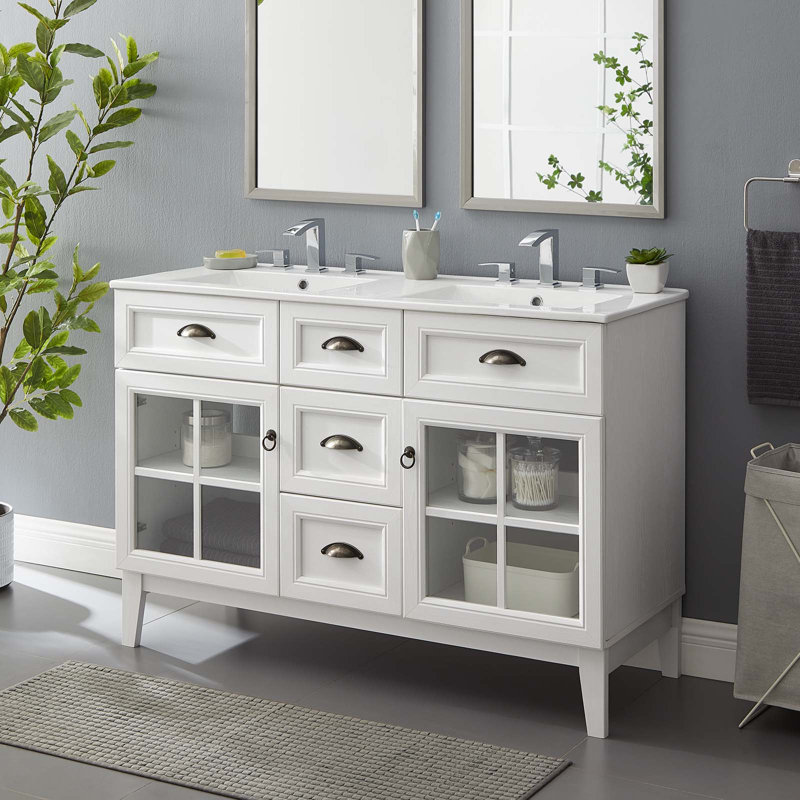 Isle 48" White Double Sink Bathroom Vanity Cabinet with Glass Doors