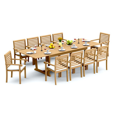9 Pcs Grade-A Teak Wood Dining Set: 118" Double Extension Mas Rectangle Trestle Leg Table And 8 Hari Stacking Arm Chairs #11HR2508