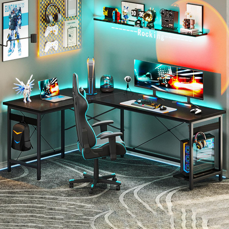 Bureau d'ordinateur en L 66 po, Noir, noir, noir, noir