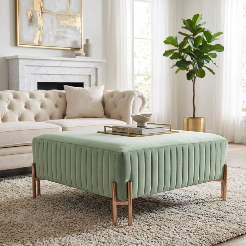 Dinuk Ottoman Fabric and Non-Woven Upholstery with Vertical Channel Stitching and Sleek Metal Legs in Glam Modern Design for Contemporary Decorative Accent