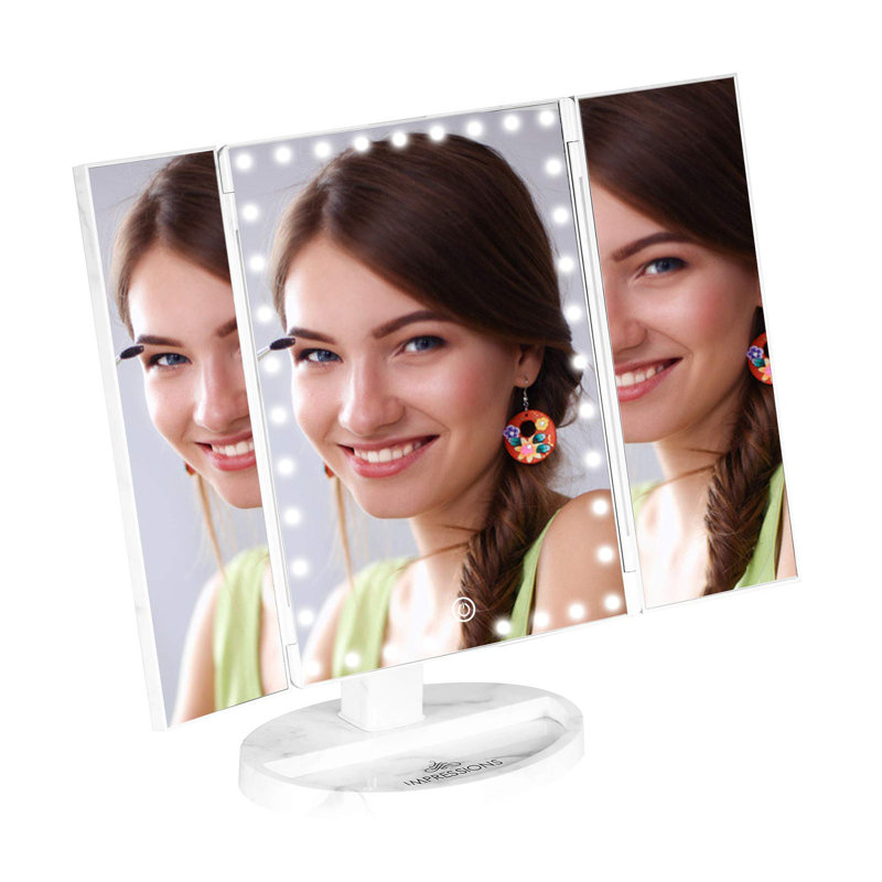 Touch Trifold XL Dimmable LED Makeup Mirror with Standing Base, Touch Sensitive Dimmer and Power Switch