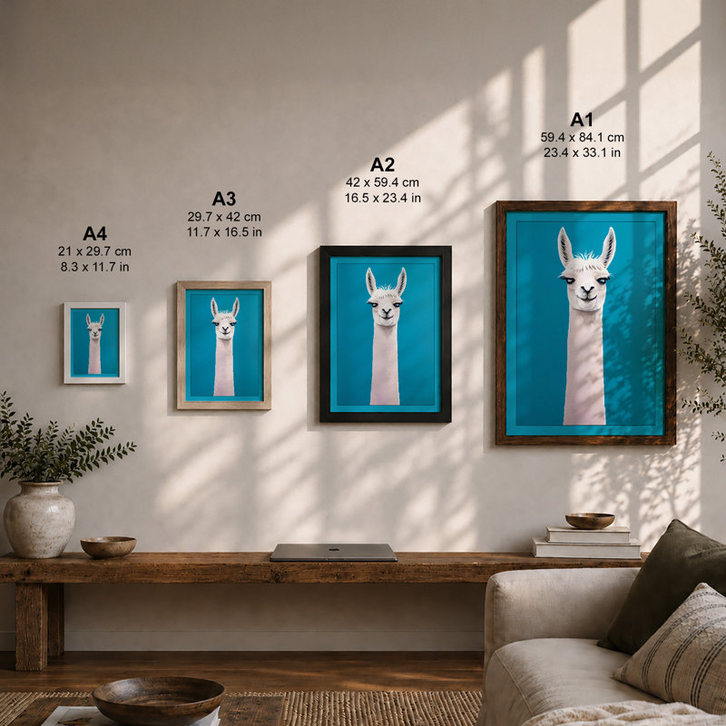 Serene Llama Portrait Modern - Print, A4 - 29.7 x 21.0 cm, Oak