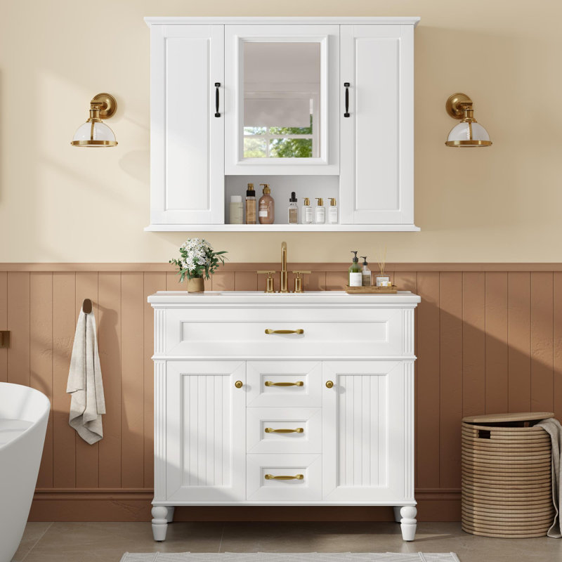 Meuble-lavabo en céramique avec cadre en pin, Blanc