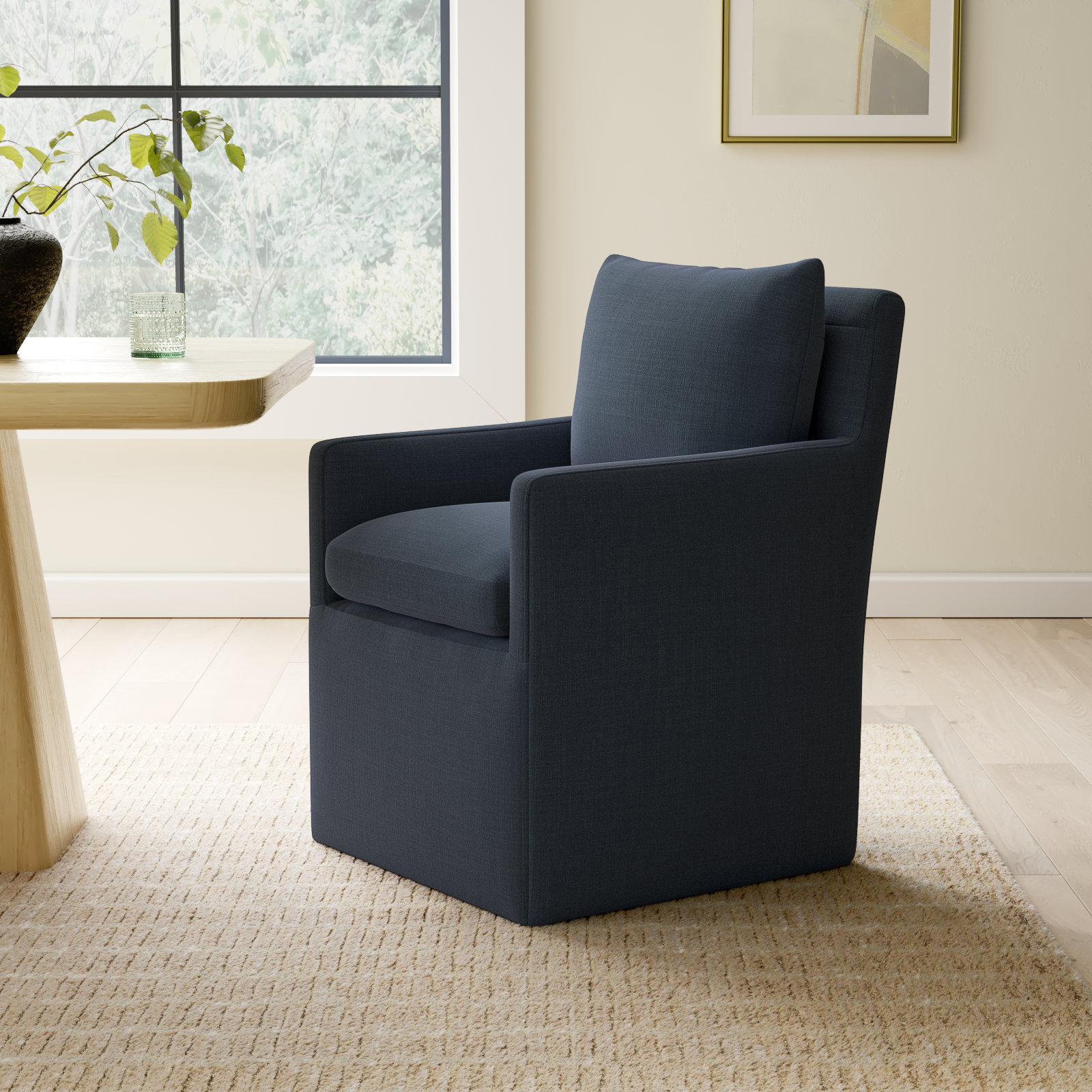 Alayaa Performance Upholstered Armchair with Casters, Effie Indigo Performance Linen
